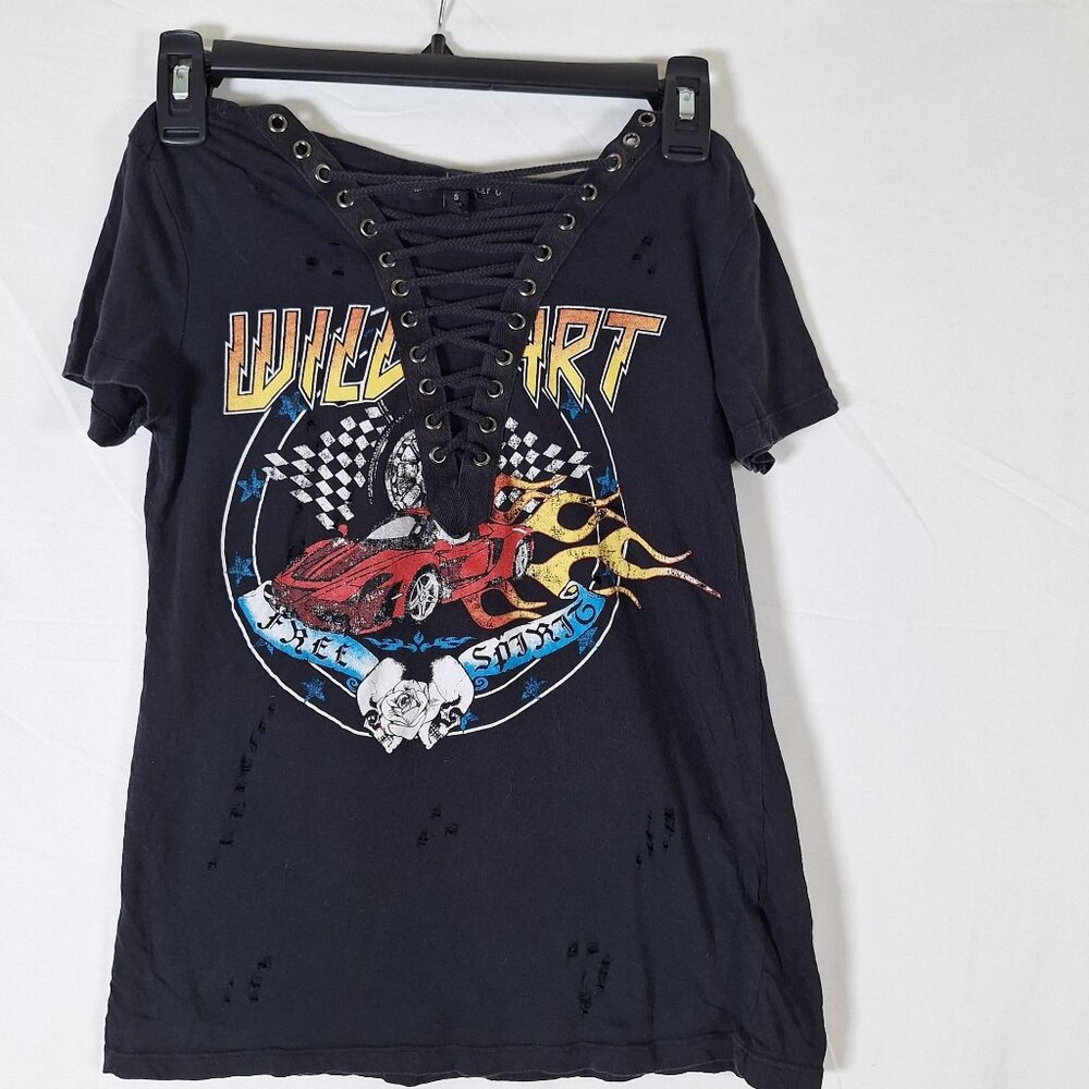 Thrashed Black Criss Cross tie Up tshirt Thrashed Wild Art Free Spirit
